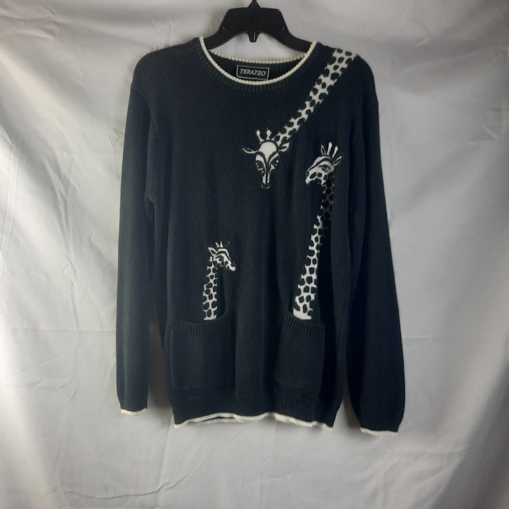 VTG 80s Terazzo Black White Intarsia Giraffe e knit sweater Med.